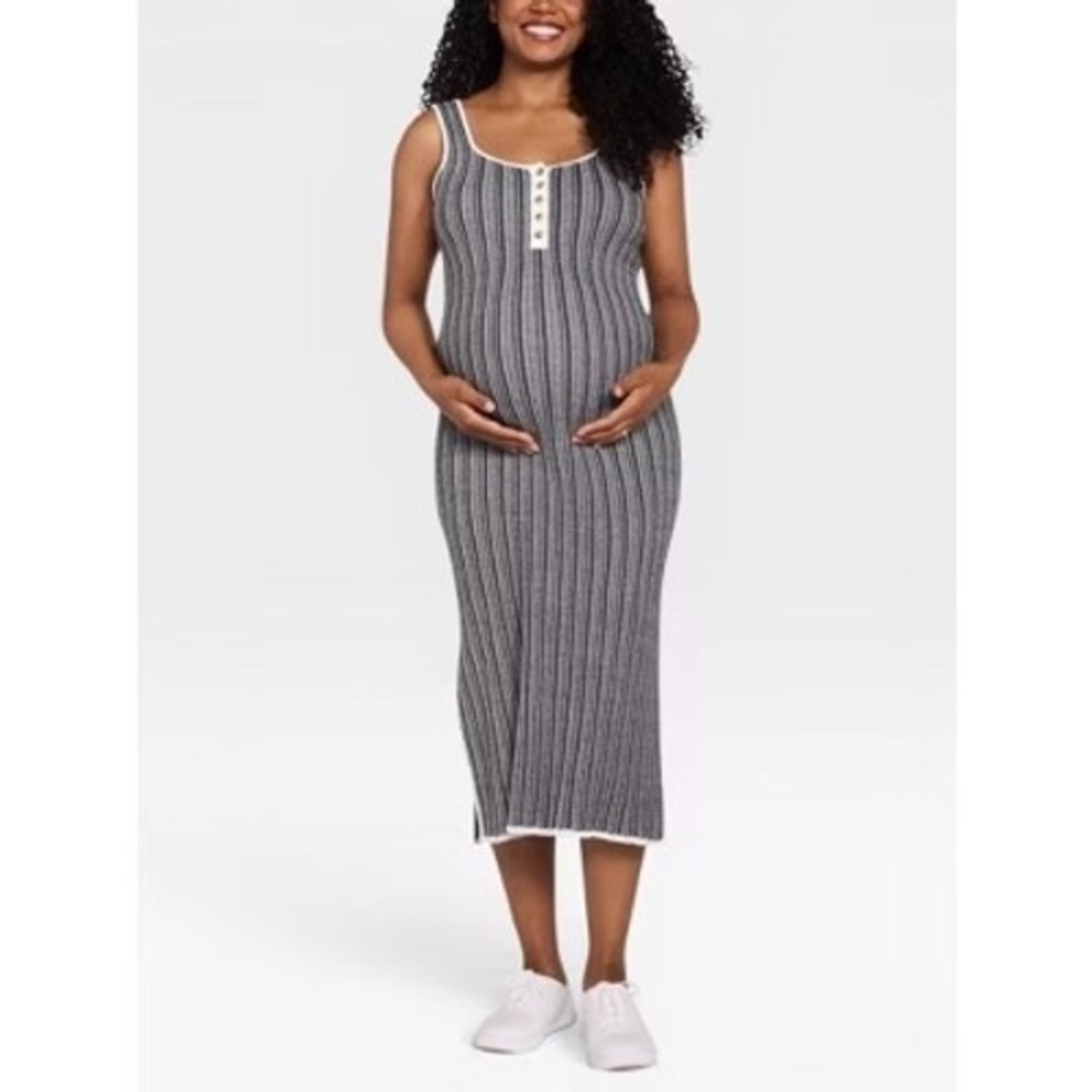Maternity Nursing Ribbed Knit Striped Henley Maxi Dress Sleeveless XL